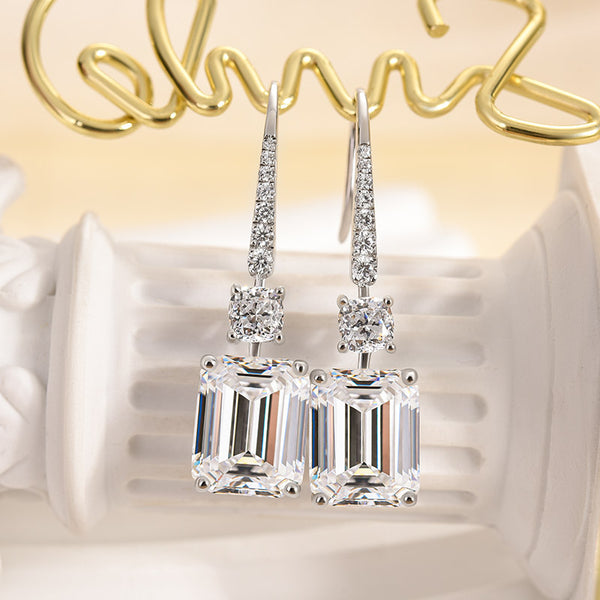 Louily Sterling Silver Luxury Emerald Cut Drop Earrings