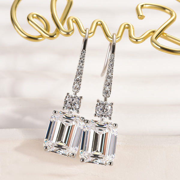 Louily Sterling Silver Luxury Emerald Cut Drop Earrings