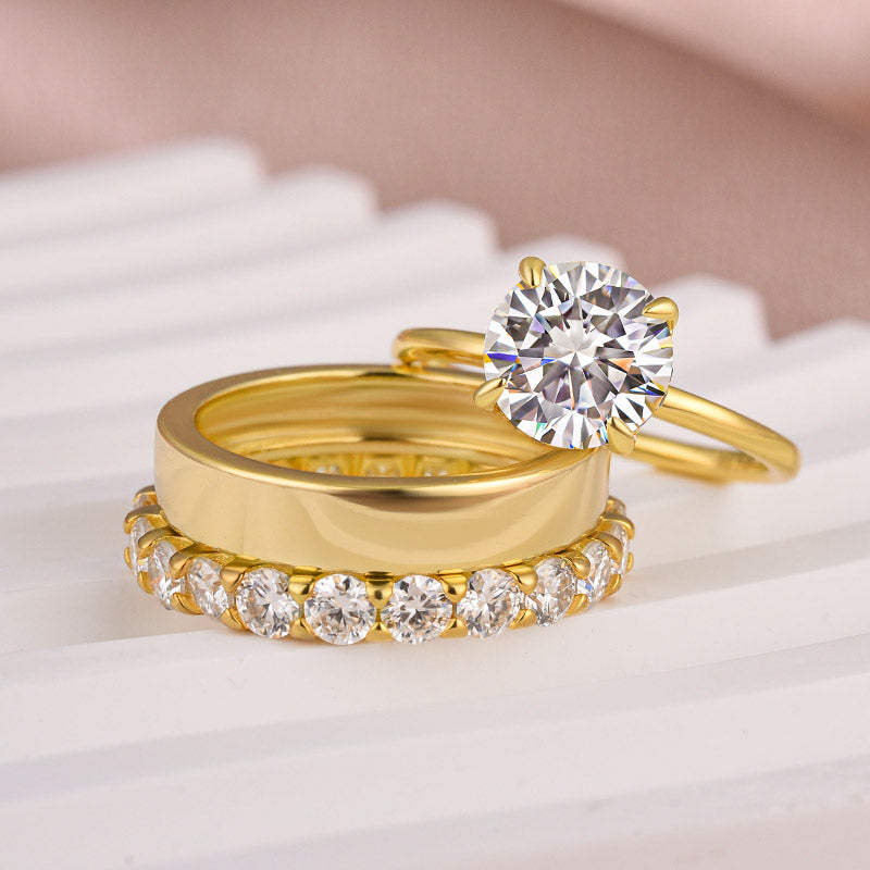 Louily Moissanite 3PC Round Cut Wedding Ring Set With Wide Wedding Band - louilyjewelry