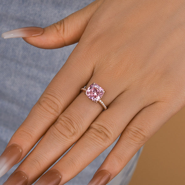 Louily Rose Gold Peachy Pink Stone Cushion Cut Engagement Ring With Double Halo