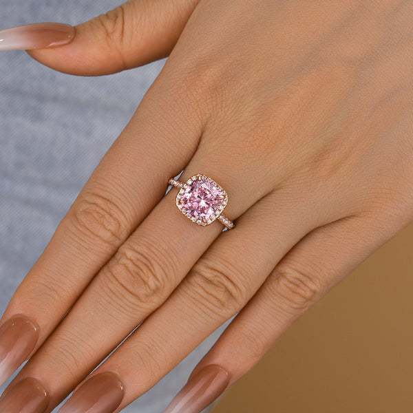 Louily Rose Gold Cushion Cut Synthetic Morganite Halo Engagement Ring