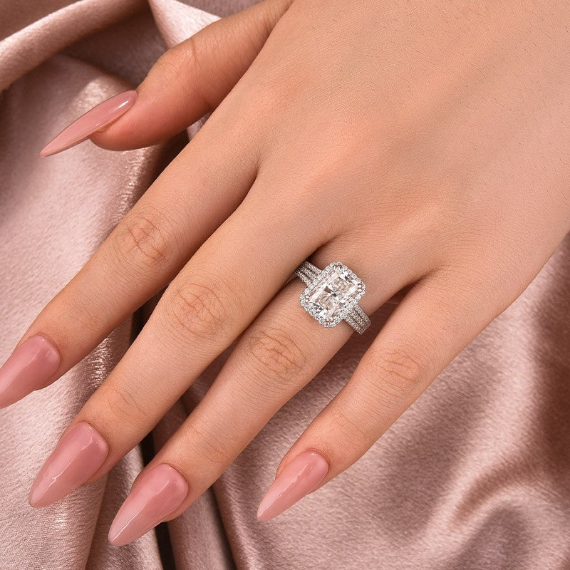 Moissanite Halo Three Shank 3.5Ct Radiant Cut White Gold Engagement Ring - louilyjewelry