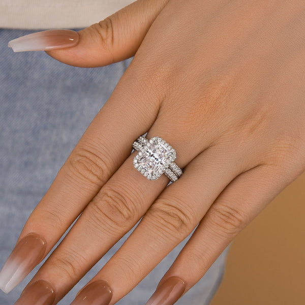 Louily Luxury Halo Radiant Cut Wedding Ring Set