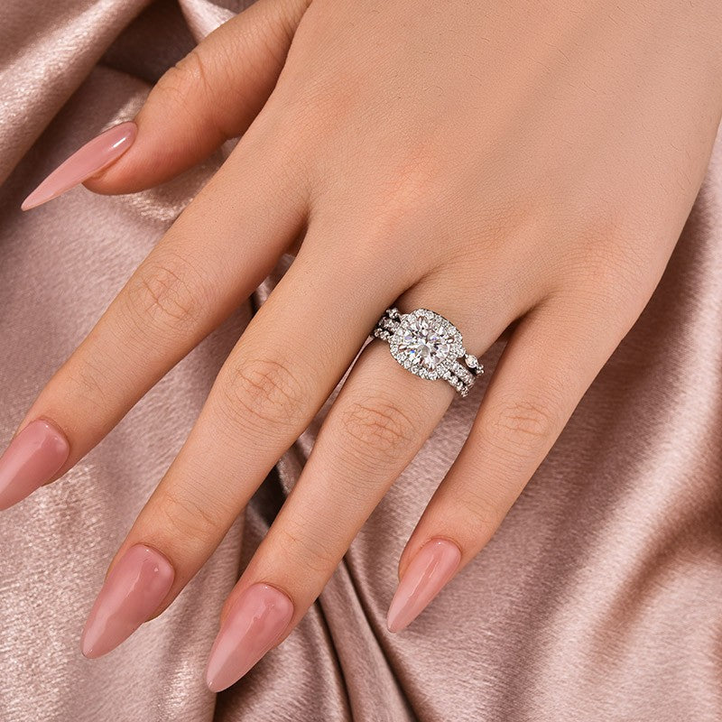 Moissanite 2.0Ct Halo Round Cut White Gold Promise Ring With Round Cut & Marquise Cut Anniversary Ring - louilyjewelry