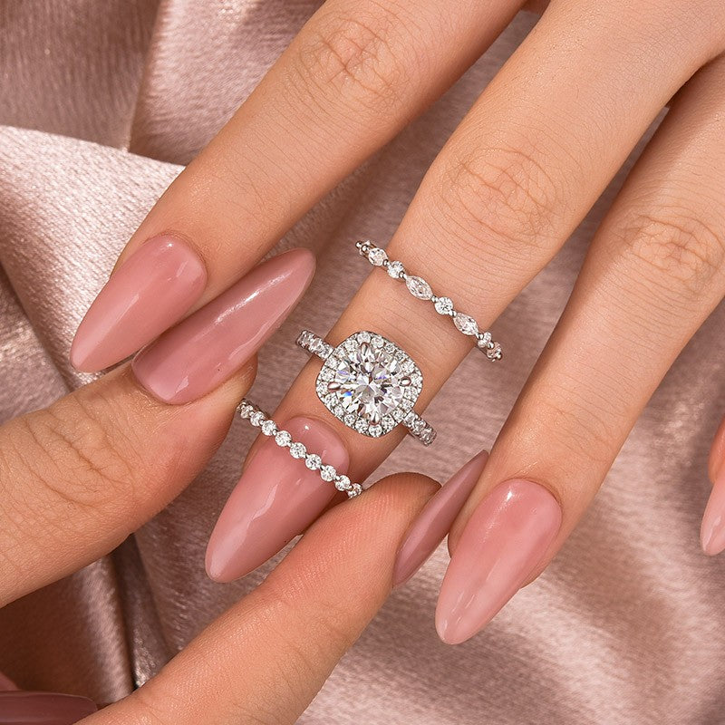 Moissanite 2.0Ct Halo Round Cut White Gold Promise Ring With Round Cut & Marquise Cut Anniversary Ring - louilyjewelry