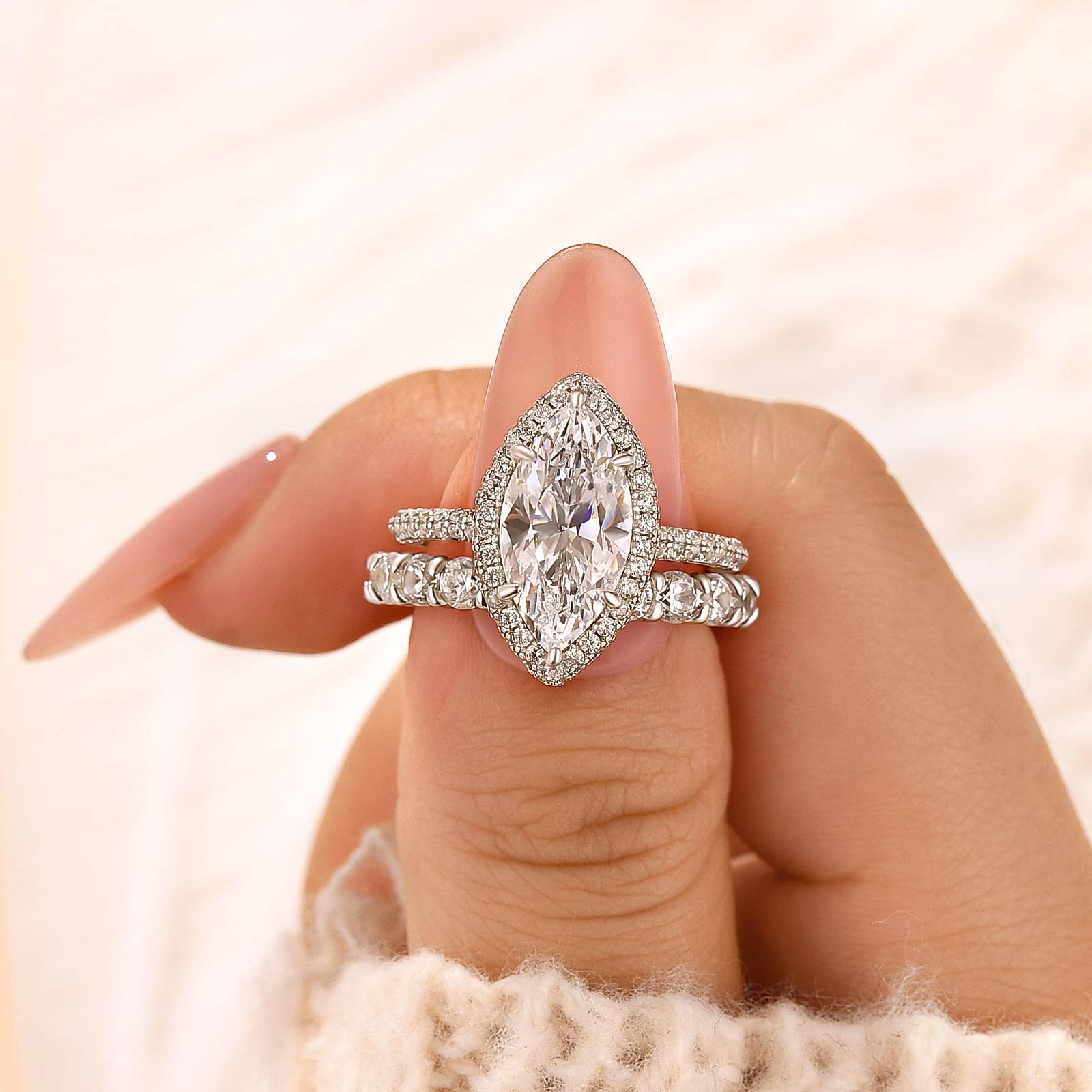 3.0Ct Halo Marquise Cut Wedding Ring Set With Eternity Round Cut Wedding Band