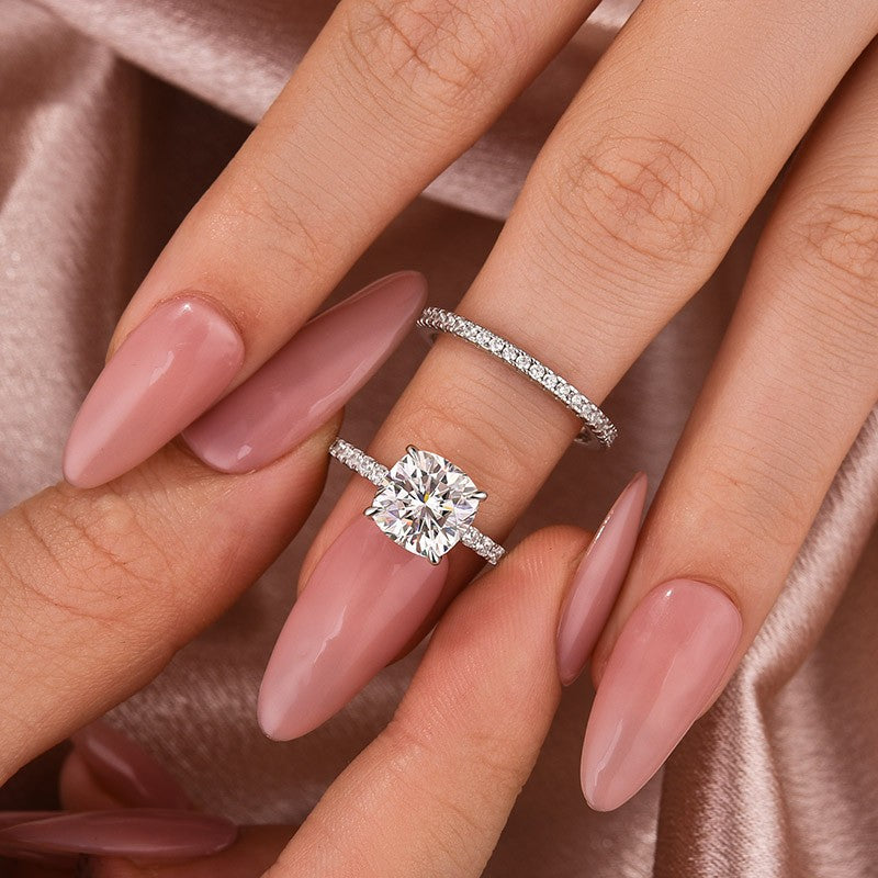 Moissanite 2.5Ct Cushion Cut White Gold Bridal Wedding Ring Set - louilyjewelry