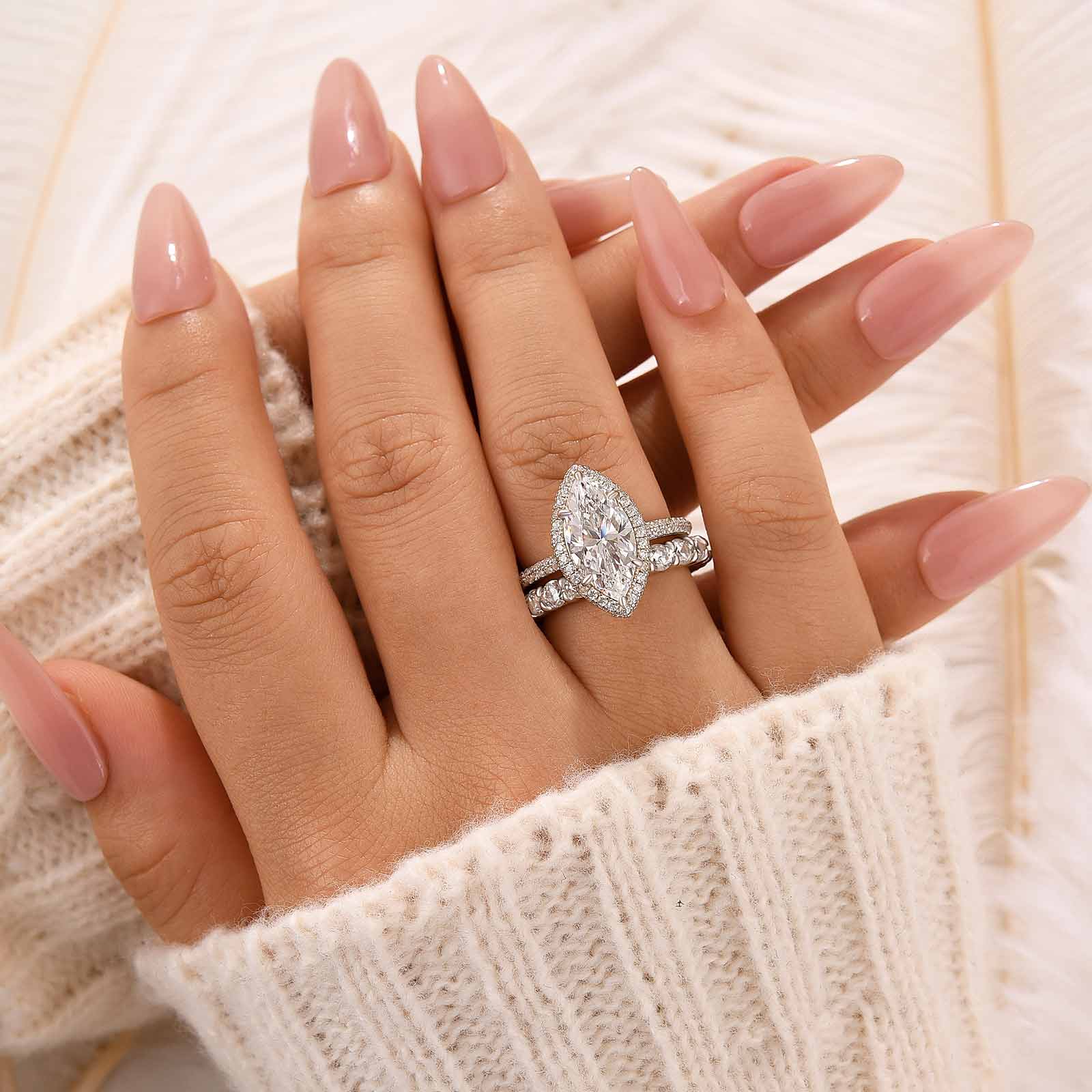 3.0Ct Halo Marquise Cut Wedding Ring Set With Eternity Round Cut Wedding Band