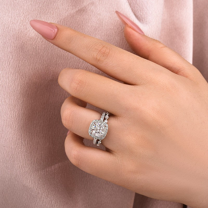 Moissanite 2.0Ct Halo Round Cut White Gold Promise Ring With Round Cut Anniversary Ring - louilyjewelry