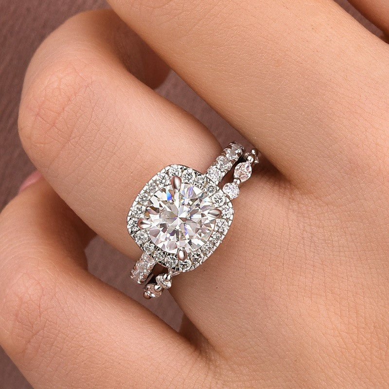 Moissanite 2.0Ct Halo Round Cut White Gold Promise Ring With Round Cut Anniversary Ring - louilyjewelry