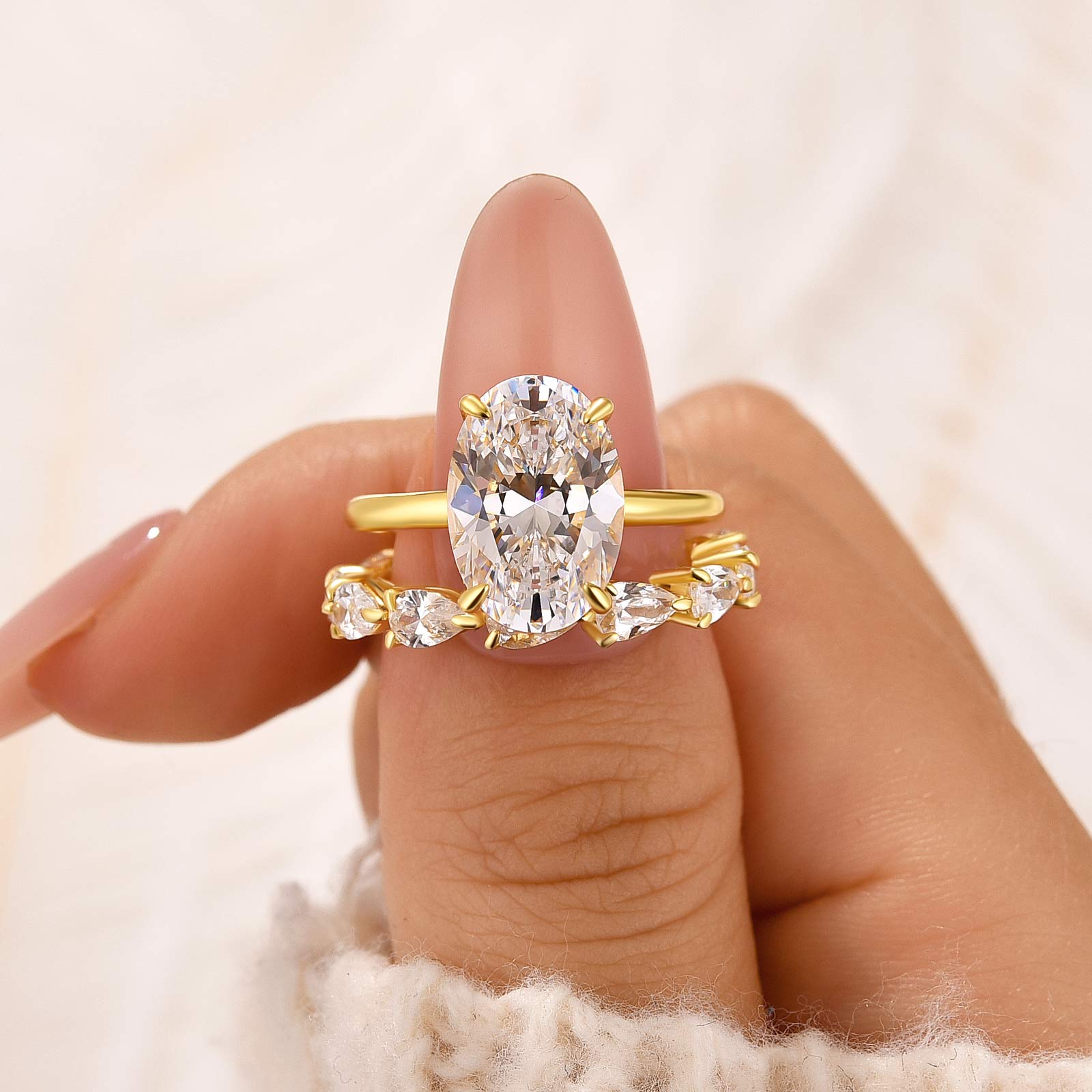 Elegant 5.5Ct Oval Cut Yellow Gold Wedding Ring Set with Pear Cut Band for Women