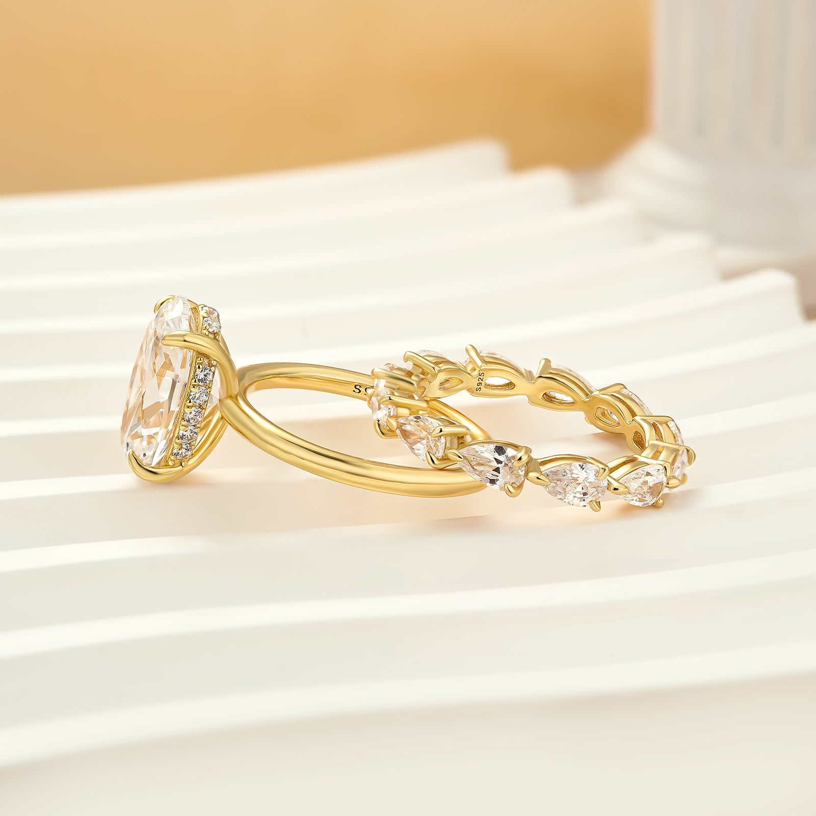 Elegant 5.5Ct Oval Cut Yellow Gold Wedding Ring Set with Pear Cut Band for Women