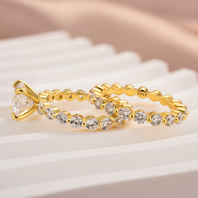 Moissanite 2.0 Carat Round Cut Wedding Ring Set With Eternity Wedding Band - louilyjewelry