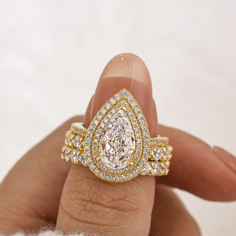 Louily Eternity Double Halo Pear Cut 3PC Wedding Set In Sterling Silver