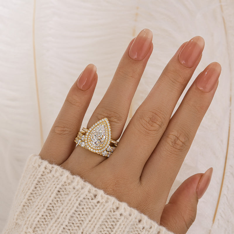 Louily Eternity Double Halo Pear Cut 3PC Wedding Set In Sterling Silver