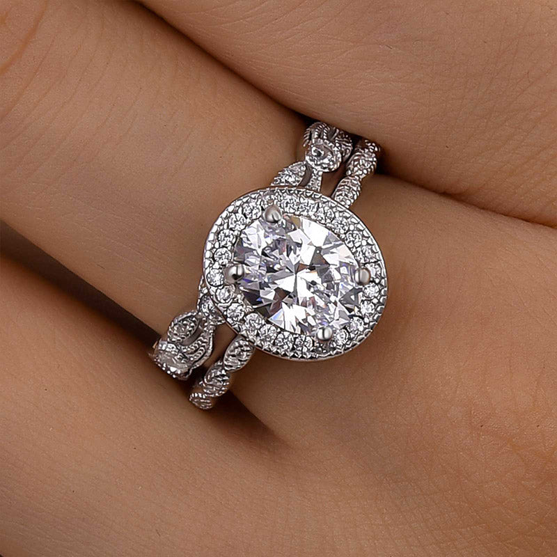 Louily Vintage Leaf & Vine Art Deco Halo Oval Cut Ring Set - louilyjewelry