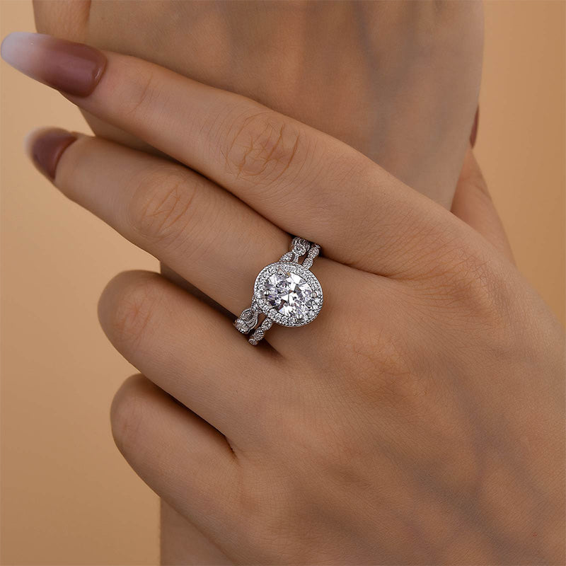 Louily Vintage Leaf & Vine Art Deco Halo Oval Cut Ring Set - louilyjewelry