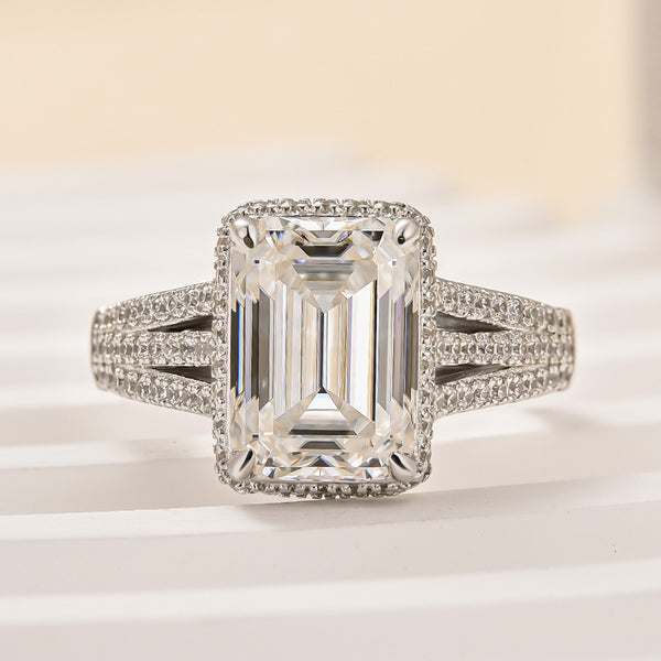 Louily Exclusive Split Shank Emerald Cut Engagement Ring In Sterling Silver