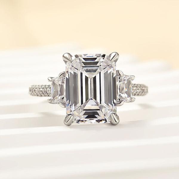 Louily Stunning Emerald Cut Three Stone Engagement Ring In Sterling Silver