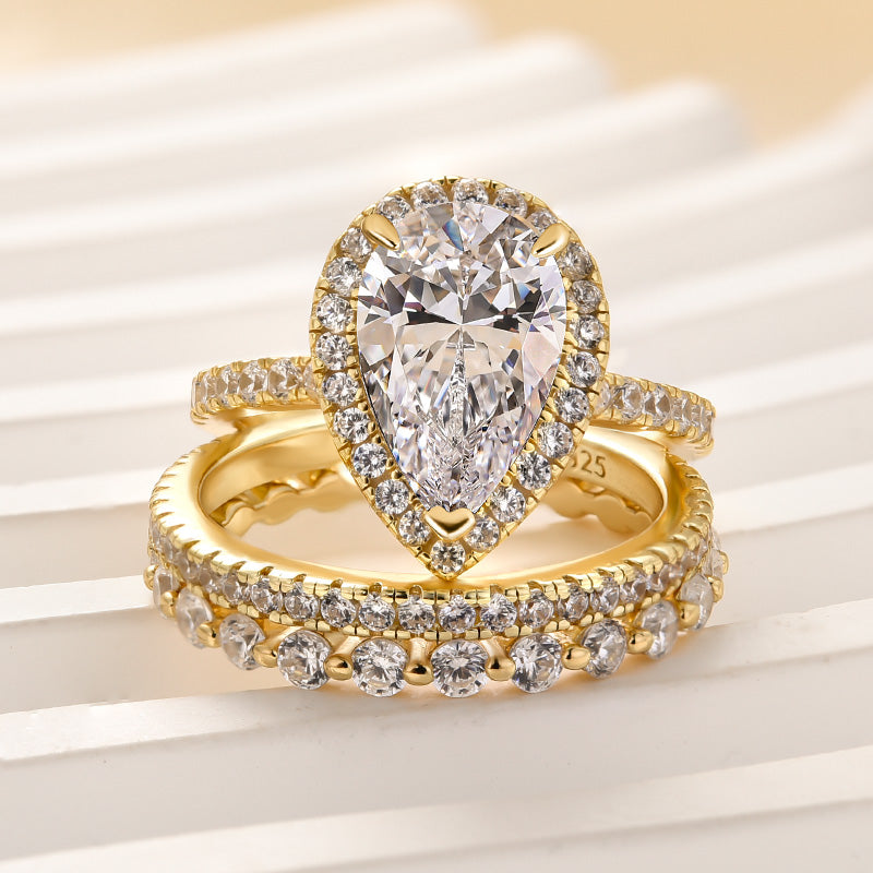 Louily 3PC Classic Halo Pear Cut Wedding Ring Set With Eternity Wedding Bands - louilyjewelry
