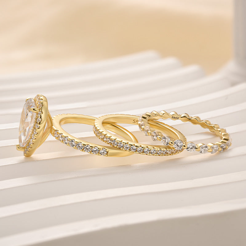Louily 3PC Classic Halo Pear Cut Wedding Ring Set With Eternity Wedding Bands - louilyjewelry
