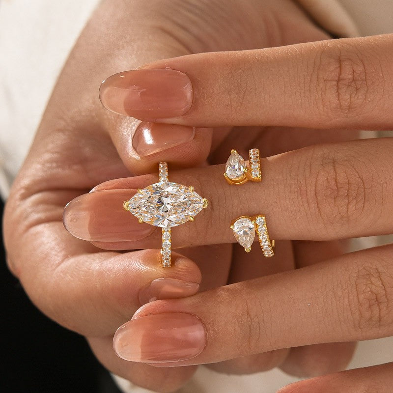 Moissanite 4.0Ct Marquise Cut Yellow Gold Wedding Ring with Pear Cut Wedding Band