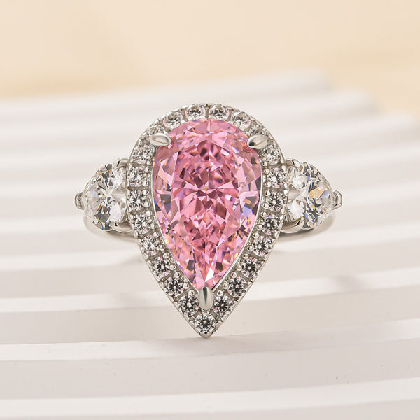 Louily Beautiful Pear Cut Pink Sapphire Three Stone Engagement Ring