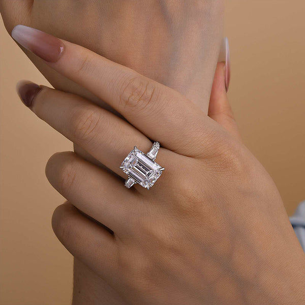 Louily Unique Emerald Cut Three Stone Engagement Ring In Sterling Silver