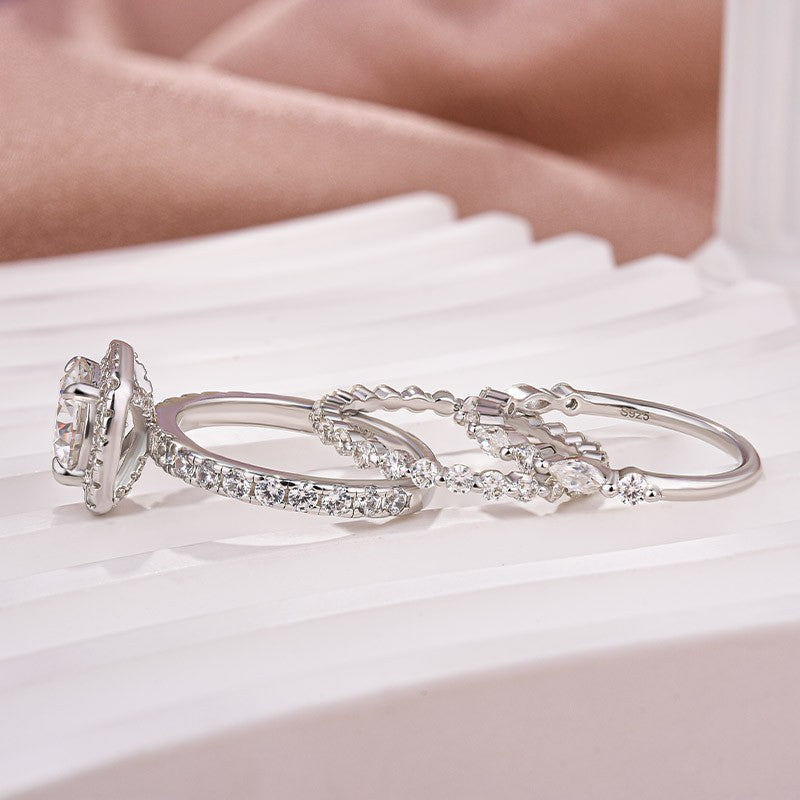 Moissanite 2.0Ct Halo Round Cut White Gold Promise Ring With Round Cut & Marquise Cut Anniversary Ring - louilyjewelry