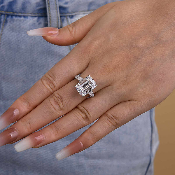 Louily Unique Emerald Cut Three Stone Engagement Ring In Sterling Silver