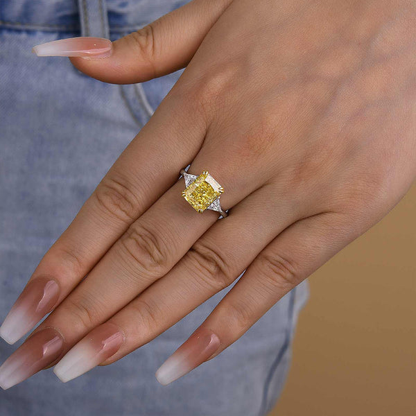 Louily Yellow Stone Radiant & Triangle Cut Three Stone Engagement Ring In Sterling Silver