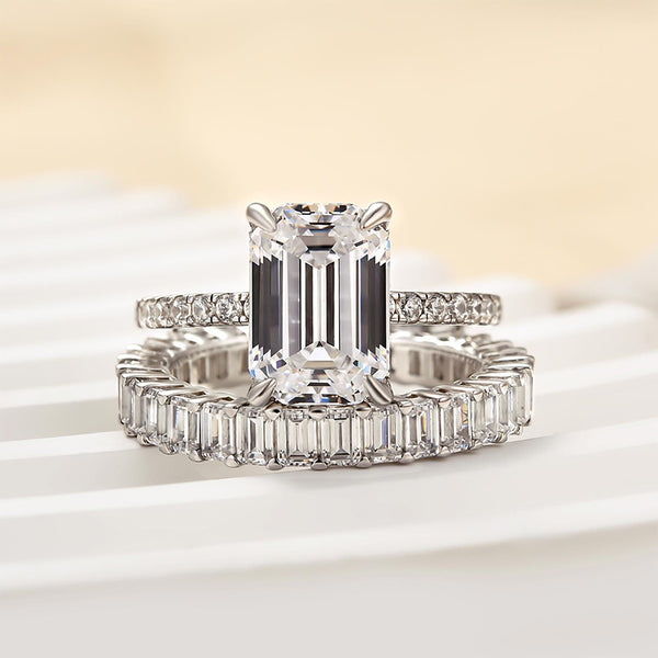 Louily Luxurious Emerald Cut Wedding Ring Set In Sterling Silver