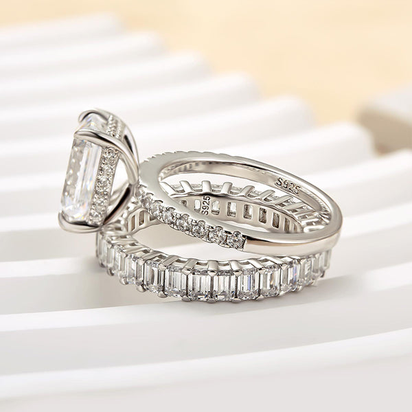 Louily Luxurious Emerald Cut Wedding Ring Set In Sterling Silver