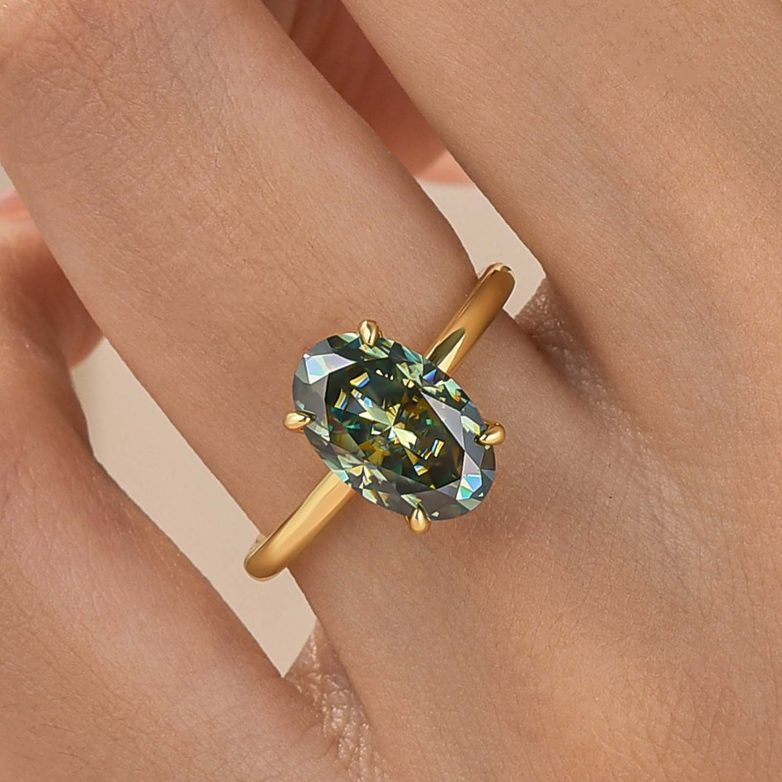 Moissanite 3.0Ct Green Oval Hidden Halo Solitaire Nature-Inspired Ring