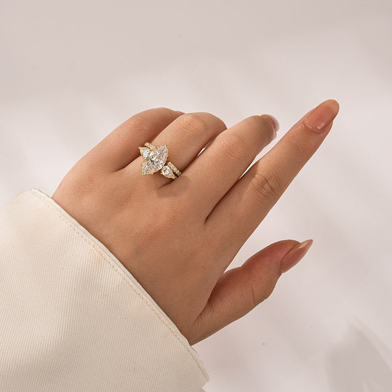 Moissanite 4.0Ct Marquise Cut Yellow Gold Wedding Ring with Pear Cut Wedding Band
