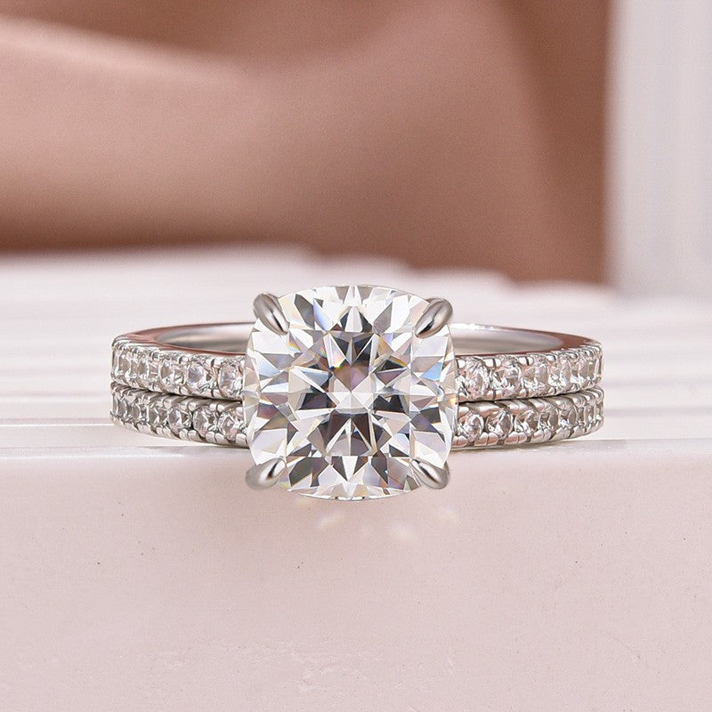 Moissanite 2.5Ct Cushion Cut White Gold Bridal Wedding Ring Set - louilyjewelry