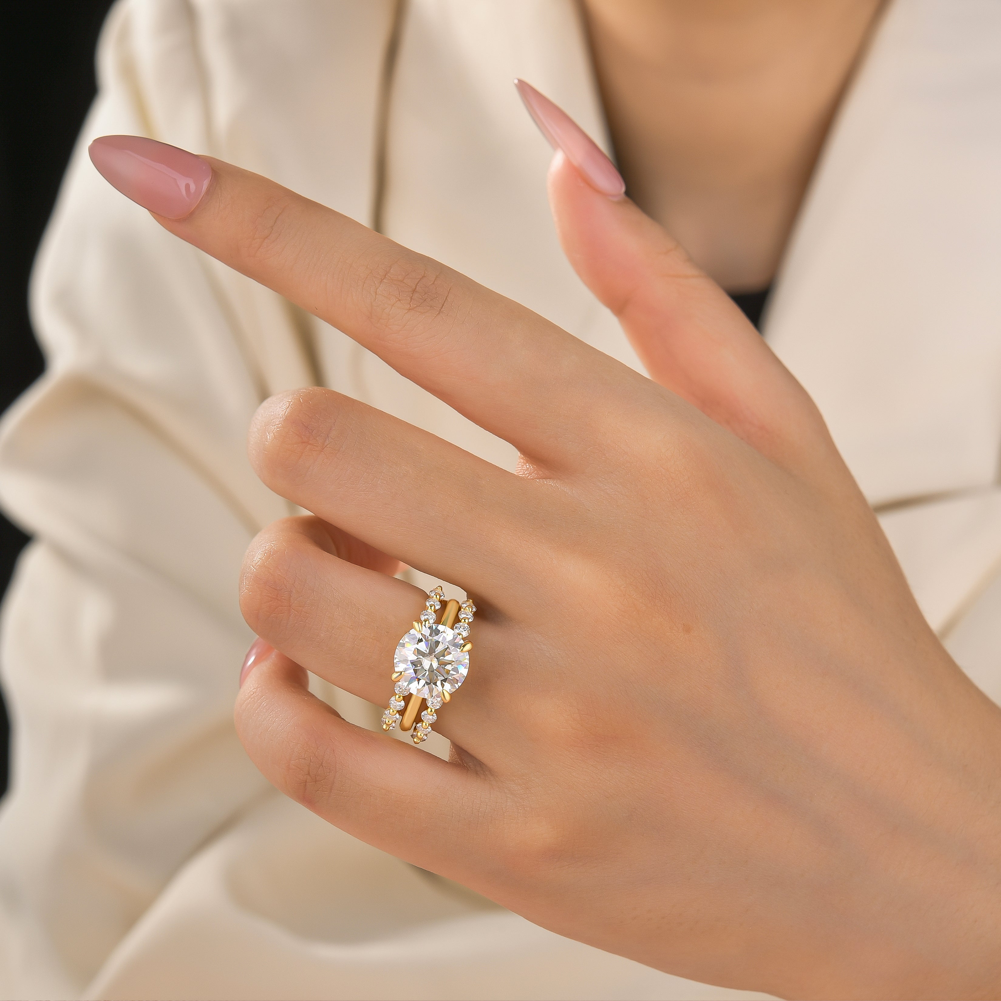 S925 Moissanite 4.0Ct Round Cut 18k Gold-plated Stackable Reinforced Bridal Ring Set For Daily Wear