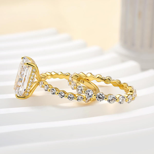 Louily Elegant Radiant Cut Wedding Ring Set Yellow Gold With Eternity Wedding Band