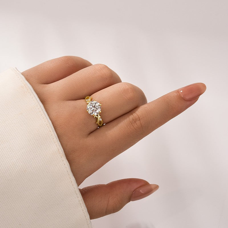 Moissanite 2.0 Ct Twig 6 Prong Round Cut Twist Yellow Gold Engagement Ring