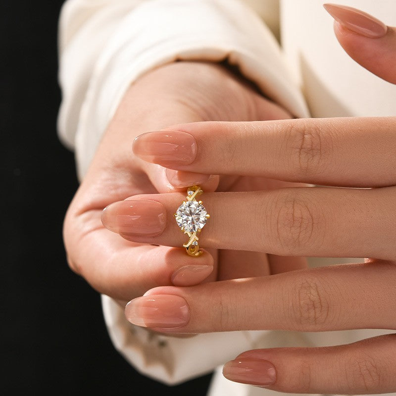 Moissanite 2.0 Ct Twig 6 Prong Round Cut Twist Yellow Gold Engagement Ring