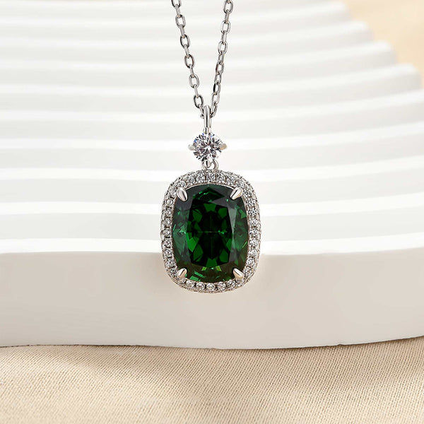 Louily Halo Emerald Green Cushion Cut Pendant Necklace