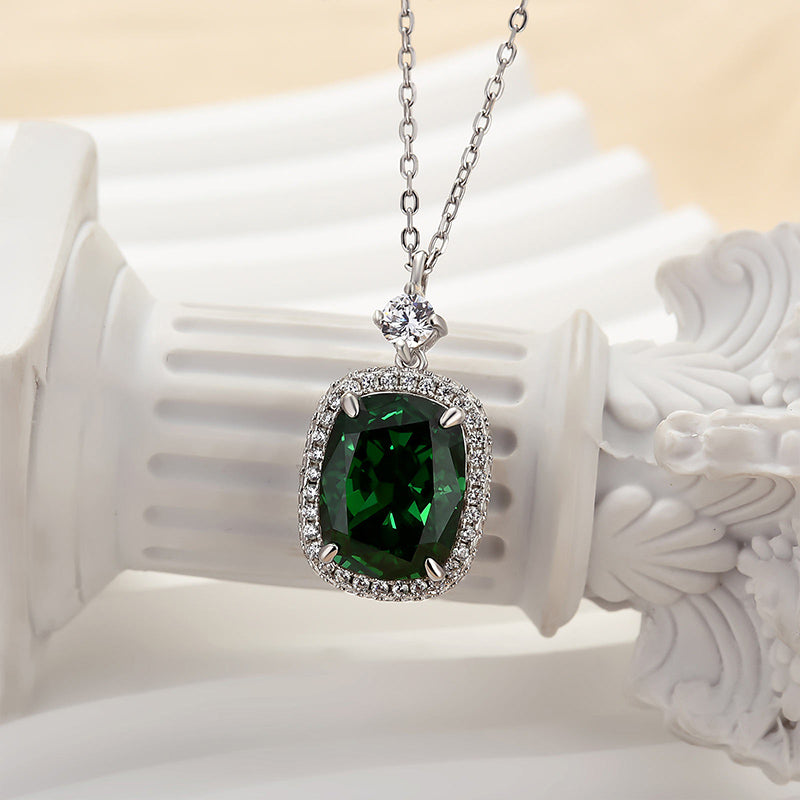 Louily Halo Emerald Green Cushion Cut Pendant Necklace - louilyjewelry