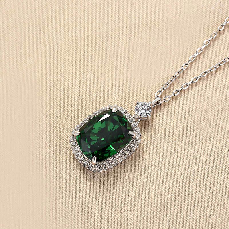 Louily Halo Emerald Green Cushion Cut Pendant Necklace - louilyjewelry