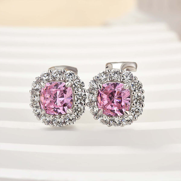 Louily Lovely Pink Stone Cushion Cut Women's Stud Earrings