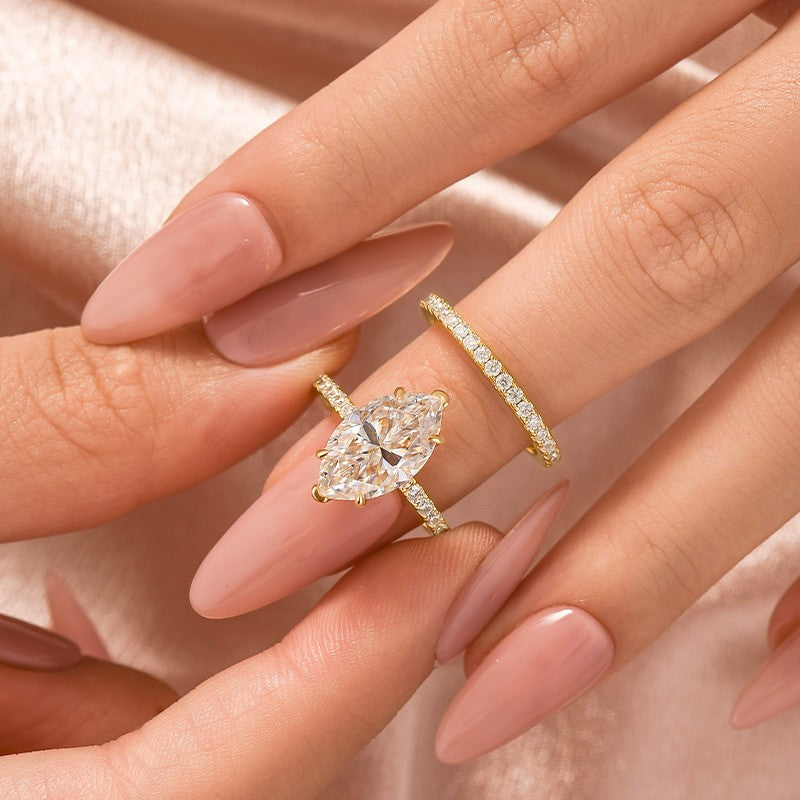 S925 4.0Ct Marquise Cut Wedding Ring Set Travel Ring With Classic Wedding Band For Women