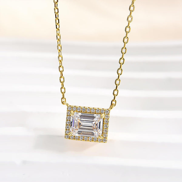 Louily Fashion Halo Design Emerald Cut Necklace In Sterling Silver