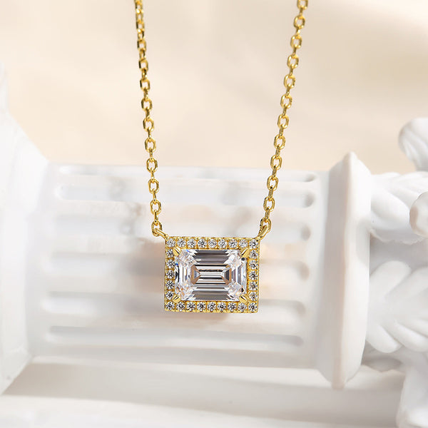 Louily Fashion Halo Design Emerald Cut Necklace In Sterling Silver