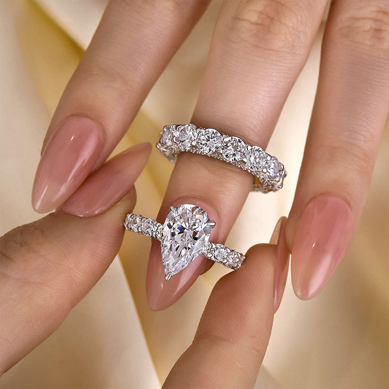 Louily Classic Halo Pear Cut Wedding Ring Set With Eternity Wedding Band - louilyjewelry