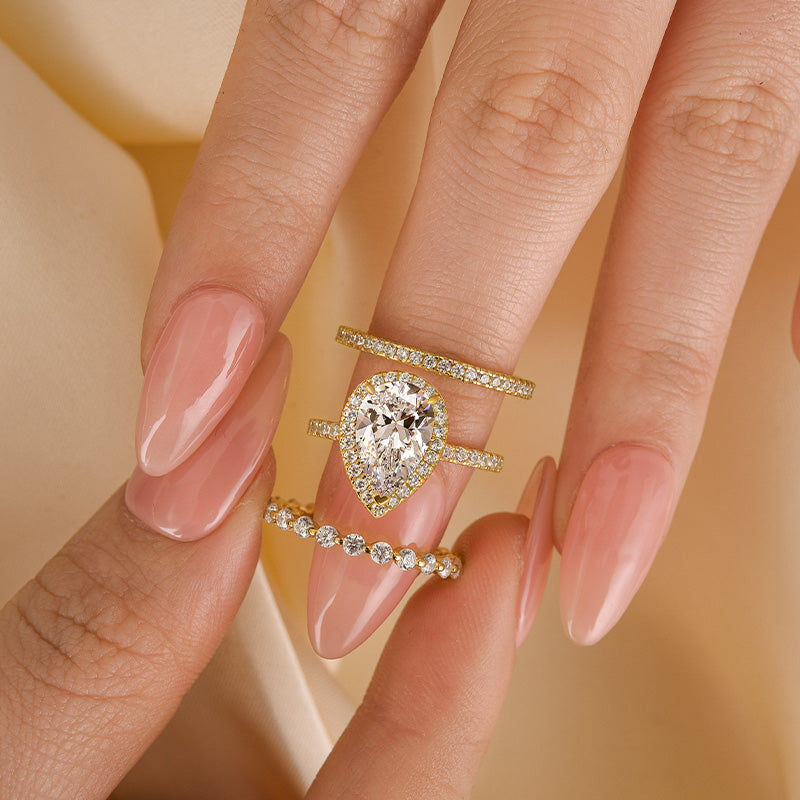 Louily 3PC Classic Halo Pear Cut Wedding Ring Set With Eternity Wedding Bands - louilyjewelry