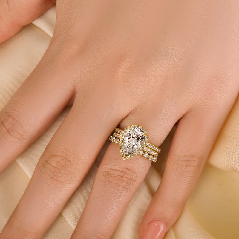 Louily 3PC Classic Halo Pear Cut Wedding Ring Set With Eternity Wedding Bands - louilyjewelry